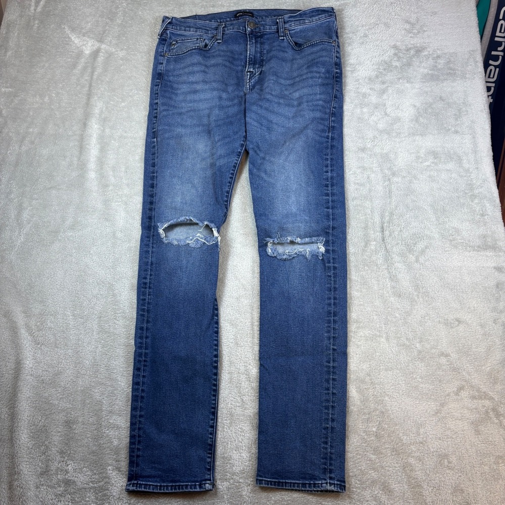 True Religion Jeans Mens 34 Rocco Relaxed Skinny Blue Whiskered Faded Stretch